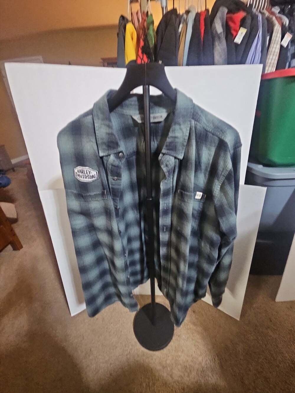 Harley Davidson Plaid Flannel Shirt Slim XL Green Long Sleeve Button Up